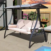 Outdoor Porch Swing with Polycarbonate Hardtop,  3 Seat Patio Swing with Convertible Backrest,  2 Side Cup Holder 1