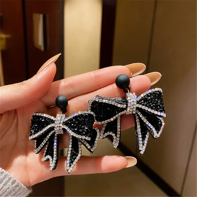 FYUAN Korean Style Black Bowknot Dangle Earrings Women Rhinestone Earrings Weddings Party Jewelry Accessories drop earrings,dangle earrings,long earrings