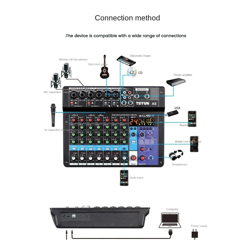 FULL-TEYUN A8 Portable Mixer Sound Card 8-Channel Mixing Console Computer Recording DJ Audio Equipment EU Plug