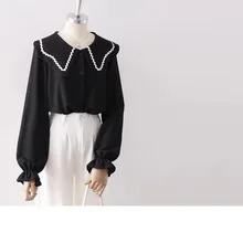  2022 Women's Shirts Spring and Autumn New Doll Collar Trumpet Sleeve Hollow Top Loose Commuter Solid Color Shirt 