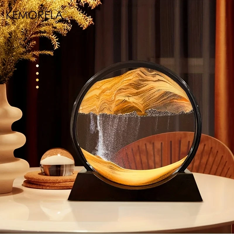 3D Moving Sand Picture 7 Inch Round Glass Ocean Sandscape Hourglass Quicksand Craft Flowing Sand Painting Office Home Decor Gift sand timer,liquid hourglass timer,colored hourglass
