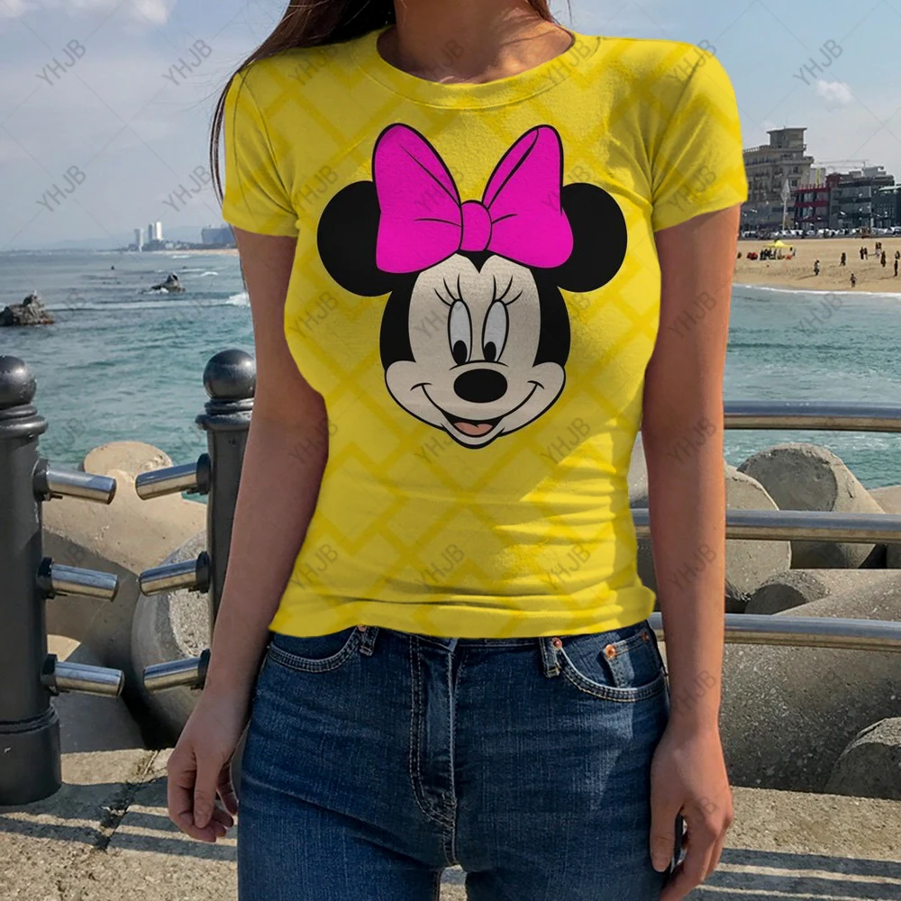 

Short Sleeve Y2K Slim Fit Shirt Women's Tight Streetwear Basic Fashion Short Top O-Neck Sexy Tight Disney Mickey Print T-shirt