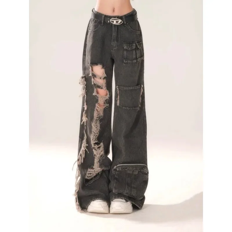 

Deeptown Y2k Vintage Ripped Black Cargo Pants Woman Baggy Grunge Wide Leg Trousers Oversized Korean Style Streetwear Fashion