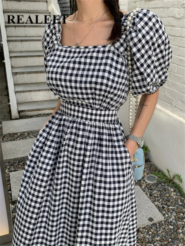 

REALEFT Classic Plaid Puff Sleeve Women's Long Dresses Summer 2022 New Sqaure Collar Backless A-Line Umbrella Chic Dress Female