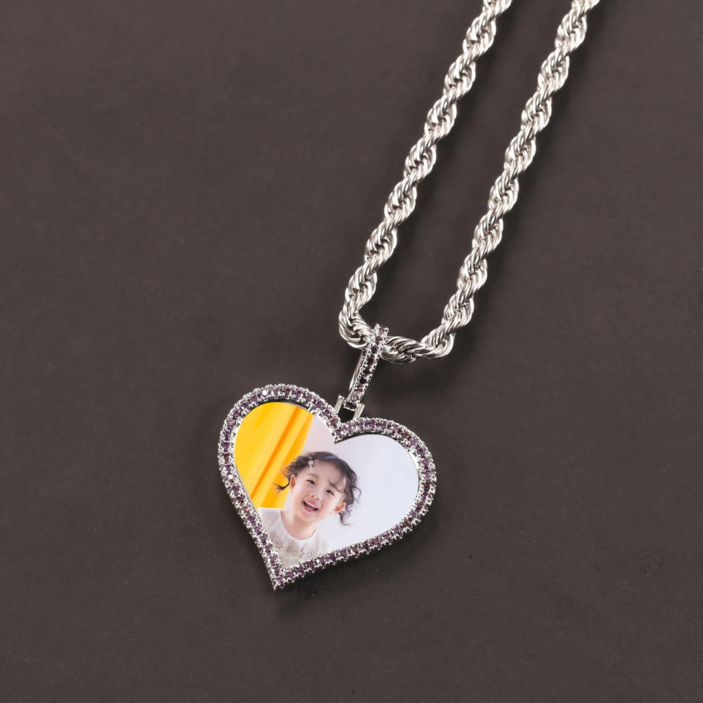 Hot Selling Customization Gold Plated Copper Iced Out Heart Shape Photo Pendant Sublimation Necklace 5