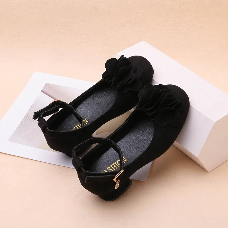 Black Leather Ankle Strap High Heels for Kids School Uniform