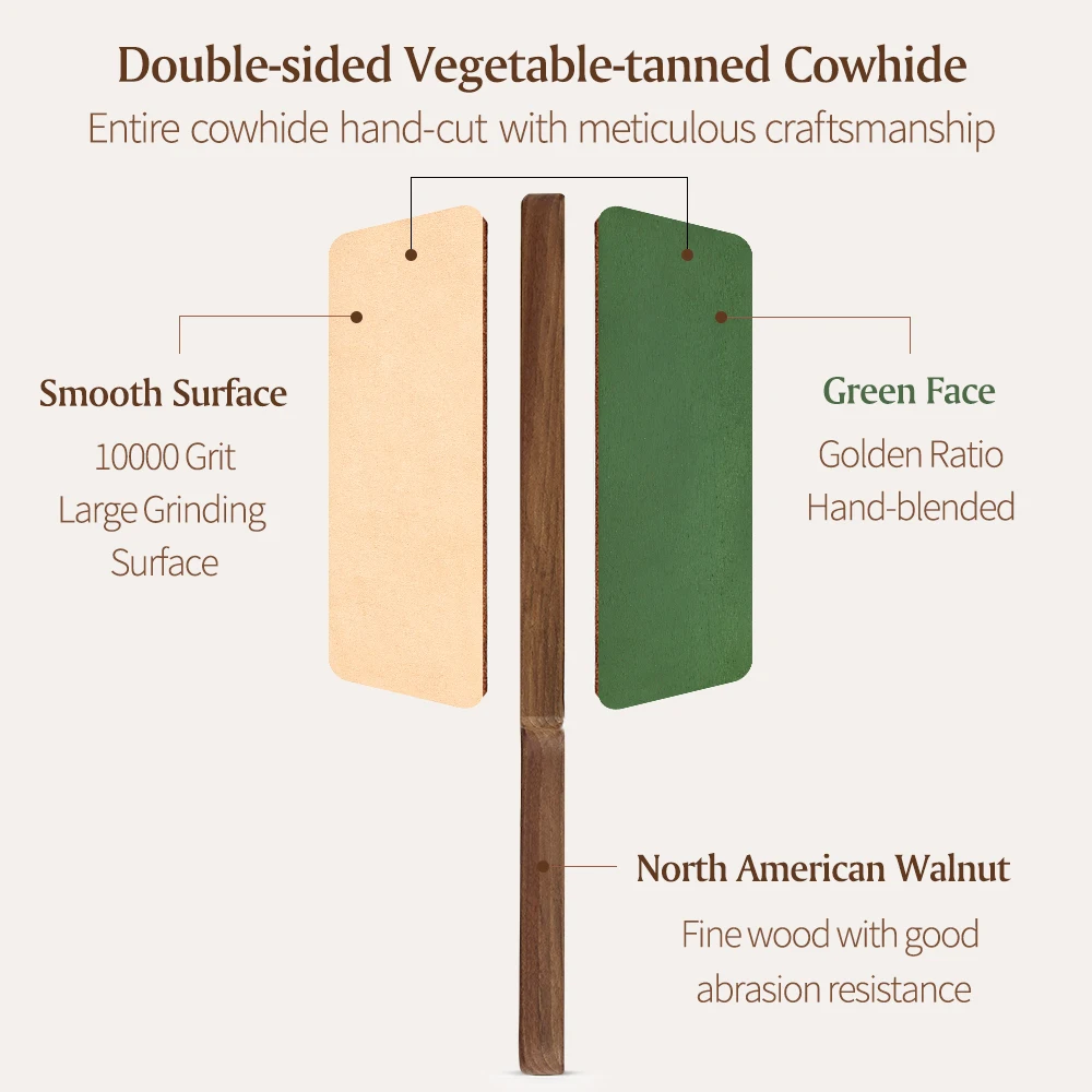 XINZUO 양면 가죽 숫돌, 야채 무두질 소가죽 나무 손잡이, 광택제 가죽 손잡이, 칼용 블록, 1 개