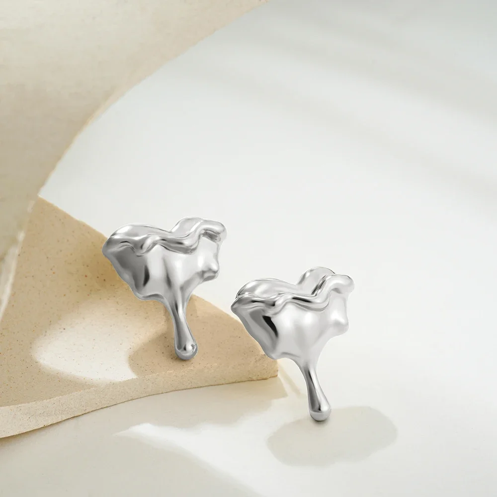 Polished Lava Textured Heart Dripping Droplet Mini Ear Studs Quality Gold Plated Geometric Non Tarnish Earrings Chic Jewelry New