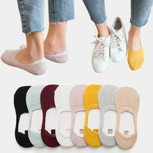 5 Pairs Women Cotton Low Cut Socks Solid Snowflake Softable Summer Silicone Non-slip Deep Mouth Prevent Heel Loss Slipper Socks