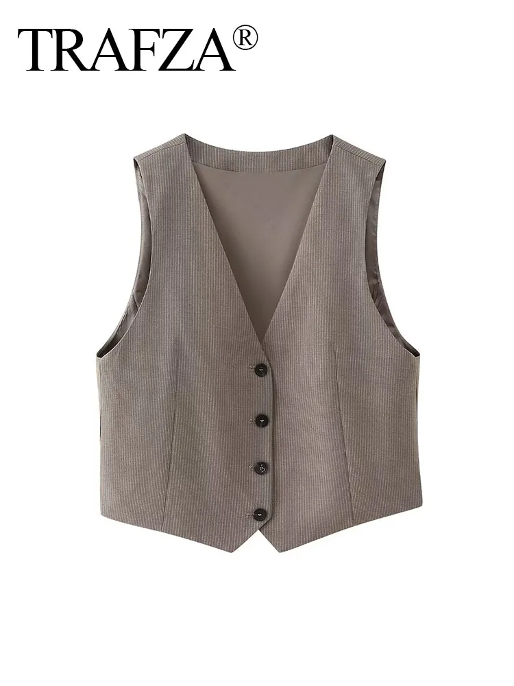 

TRAFZA Female Fashion Casual Slim Waistcoats Solid V-Neck Sleeveless Single-Breasted Tops Summer Short Vests Woman Trendy