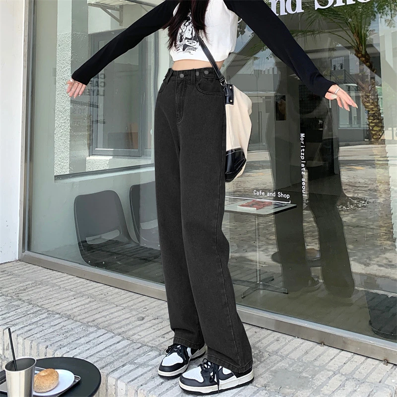 여성용 하이웨이스트 와이드 레그 청바지, 스트레이트 라지 사이즈, 팻 mm, 루즈 니치, 블랙 그레이, 얇은 스트레이트 팬츠, 용수철 및 가을