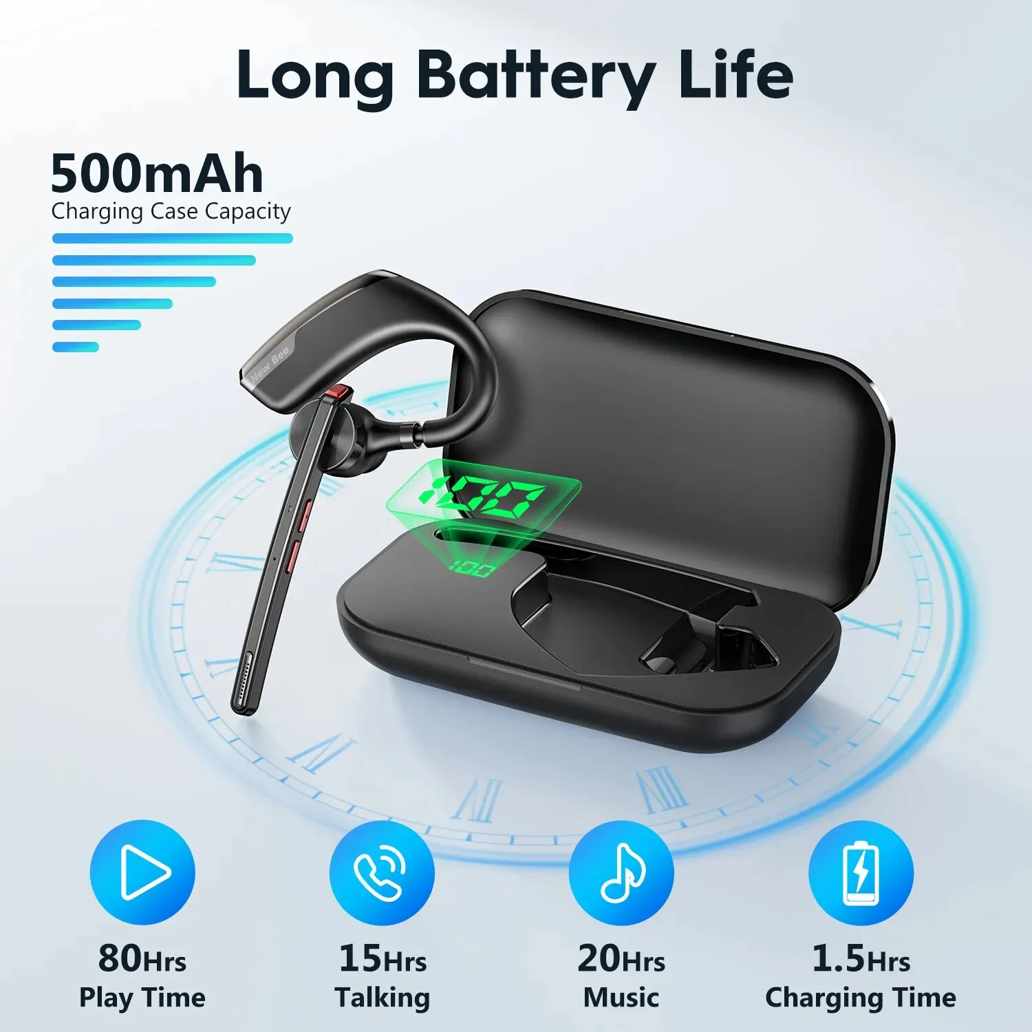New Bee M51 Bluetooth 5.2 Wireless Headset Earphones Headphone with Dual-Mic CVC8.0 Noise Cancelling Handsfree Business Earbuds 2