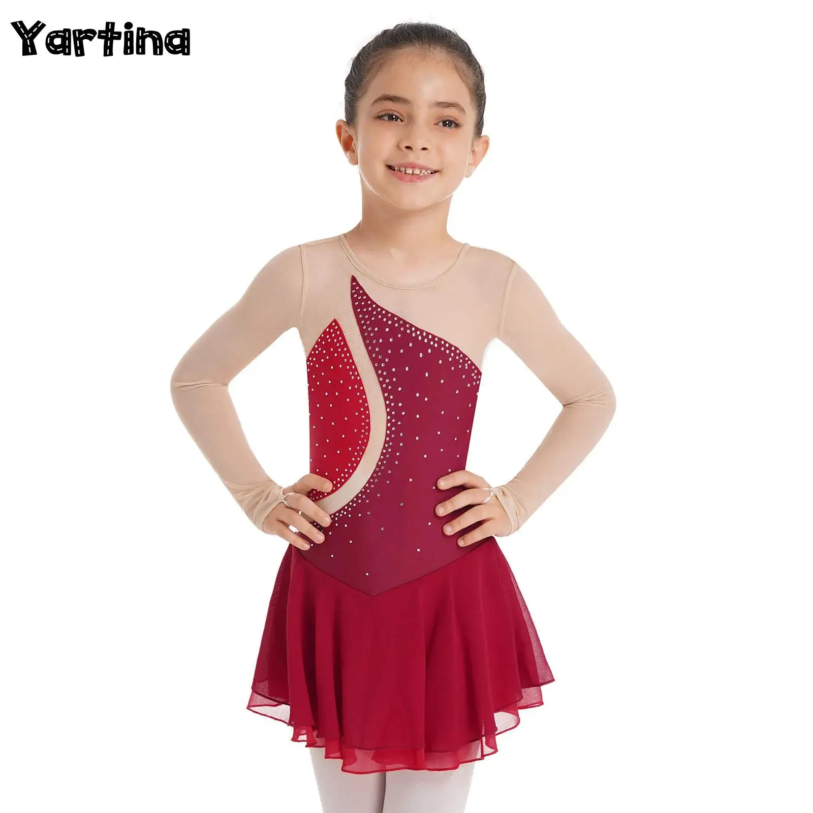 

Kids Girls Ballet Lyrical Dance Dress Long Sleeve Round Neckline Rhinestone Gymnatics Figure Skating Costume Ballet Dance Dress