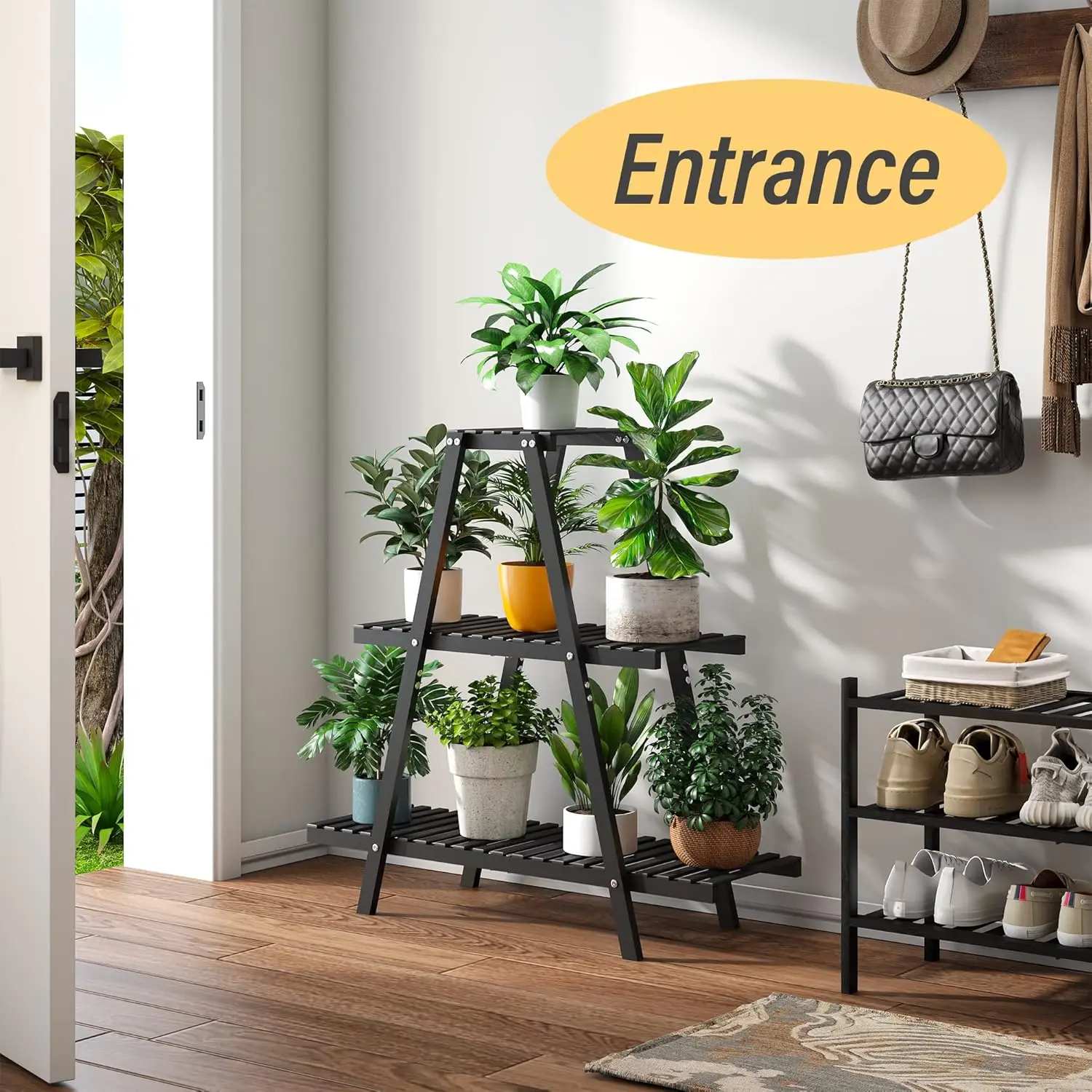 Bamboo Plant Stand Indoor/Outdoor,  Rectangular, 8 Potted Flower Holder Ladder Plant Rack  wall shelf  shelves 6