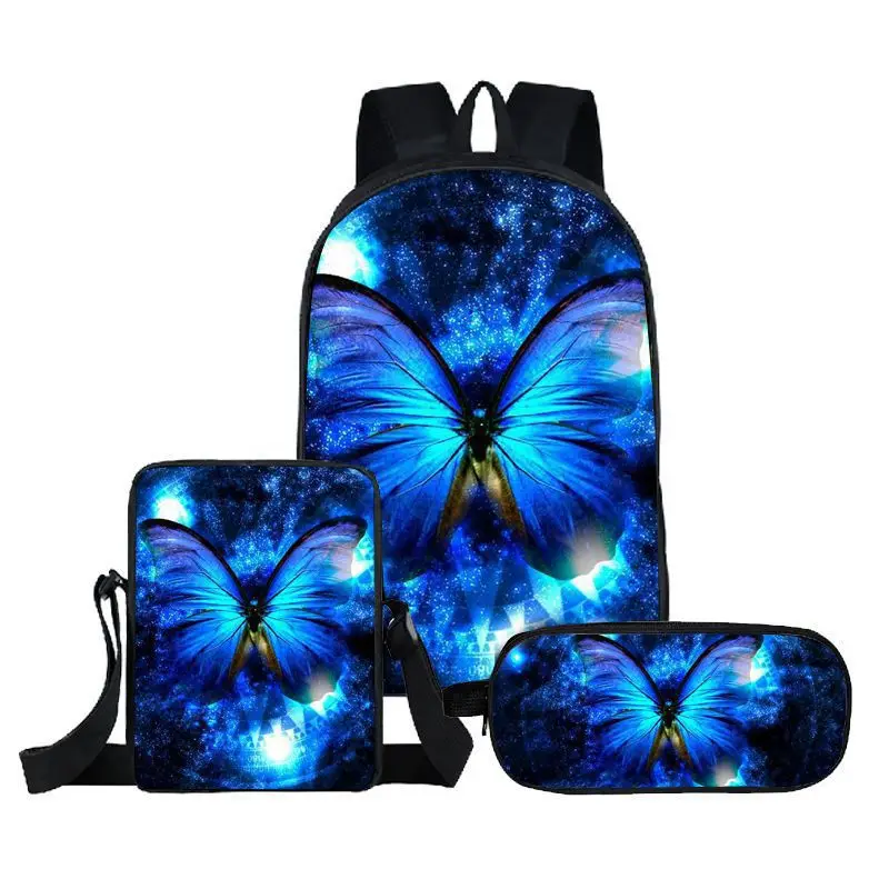 Cartoon Novelty Cool butterfly 3pcs/Set Backpack 3D Print School Student Bookbag Laptop Daypack Shoulder Bag Pencil Case