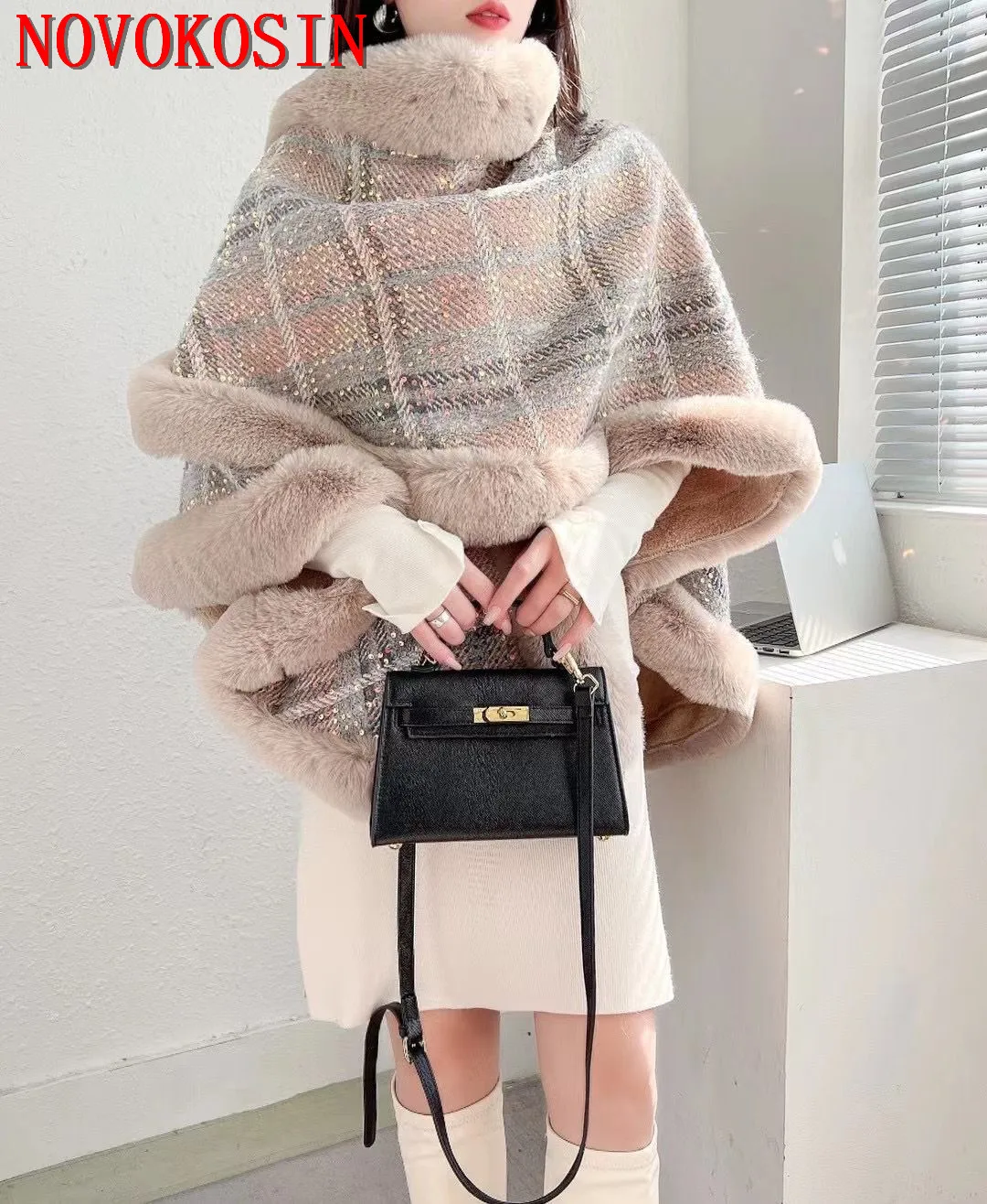 2 Style Winter Womens Sequin Poncho Shawl Cloak Faux Fur Collar Long Loose Cape Thicken Warm Velvet Streetwear Coats With Hat fashion women s 3 piece skirt set allover sequin spaghetti strap tank crop top and skinny mini skirt set with open front coat