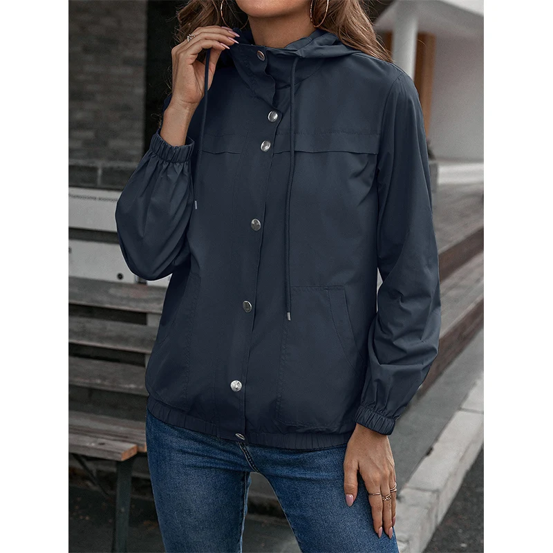 Spring Autumn Casual Fashion Hooded Sweatshirt Ladies Long Sleeve Buttons Cardigan Jacket Women Solid Color All-match Coat Top