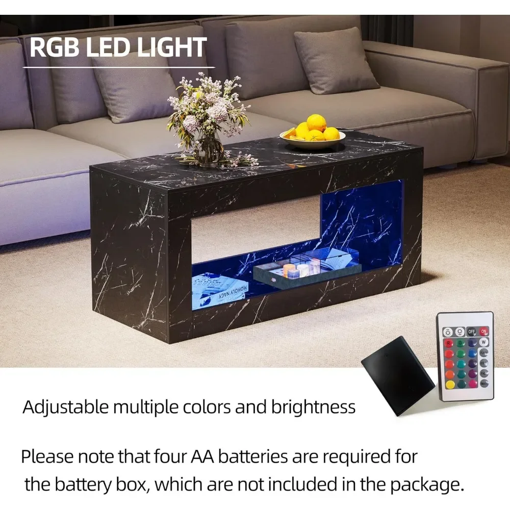 Coffee Tables, Modern High Gloss Marble Print Center Table with Open Storage and LED Lights for Living Room, Coffee Tables
