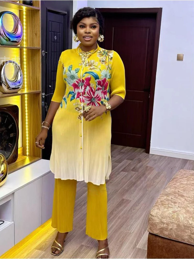 

Женский костюм миаке ANLAN, плиссированный однобортный Топ с модным принтом и брюки с широкими штанинами, комплект из 2 предметов, 2024