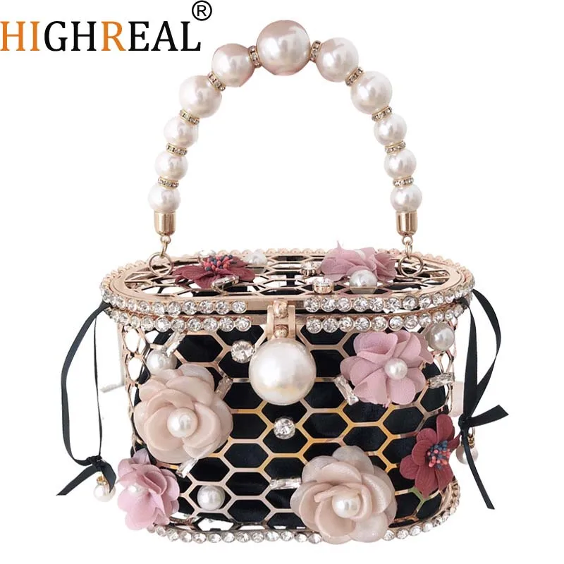 

HIGHREAL Flower Pearl Women Clutch Evening Bag Rhinestone Luxury Ladies Diamond Gold Clutch Purse Wedding Party Metal Honeycomb