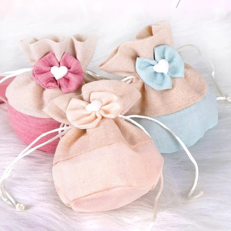 5Pcs Cotton Drawstring Gift Bag Cute Drawstring Round Bottom Candy Bag Butterfly Knot Heart-shaped Handmade Christmas Candy Bag