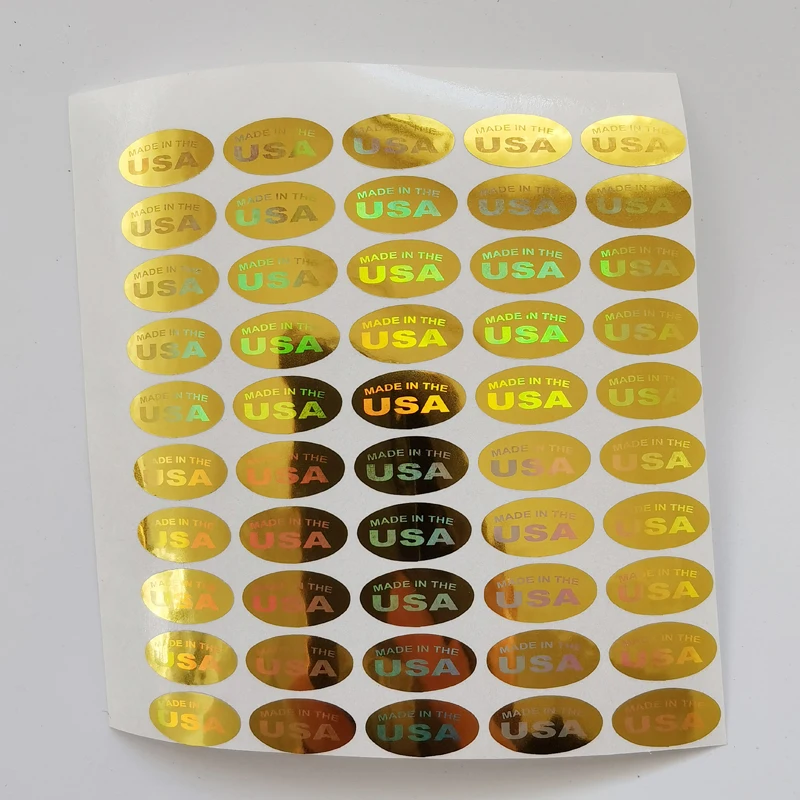 MADE IN THE USA 홀로그램 씰 스티커, 실버 및 골드 색상, 타원형, 500 개, 13x6.5mm