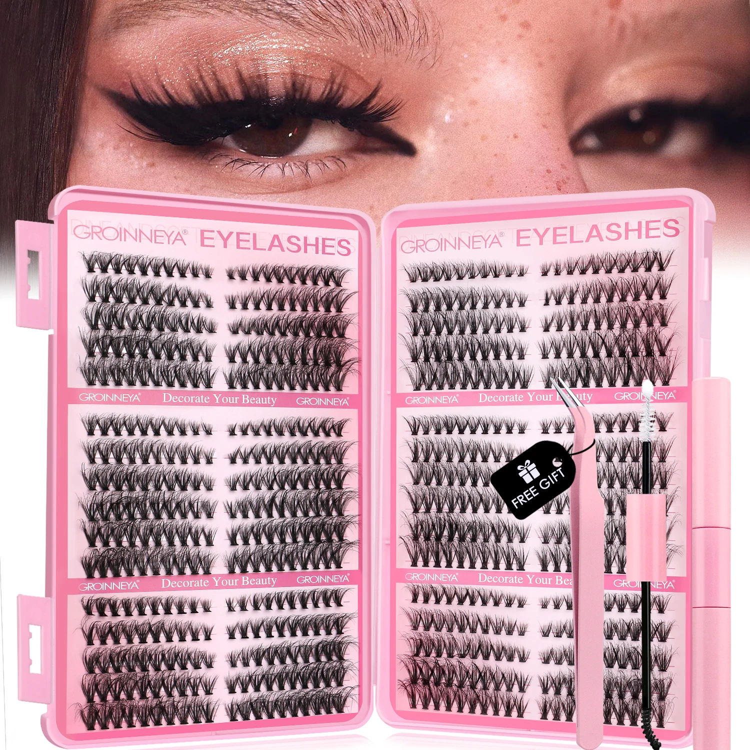 GROINNEYA Cluster Lashes Kit DIY Lash Extension Set Full Set Mixed Tray Fluffy Lashes with Lash Bond and Seal Makeup lash extension kit eyelash set fake eyelashes