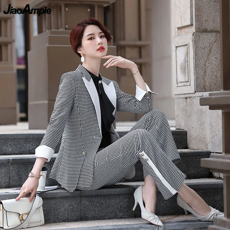 Women's OL Plaid Blazers Pants Two Piece Set Korean Office Lady Profession Clothing Slim Suit Jacket Flare Trousers Outfits 2022