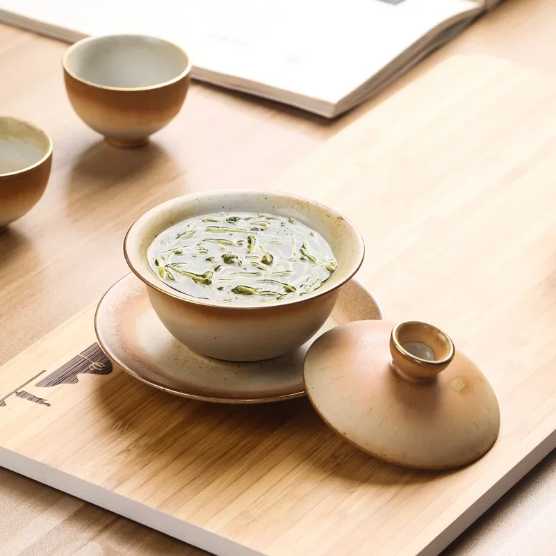 Stoneware Tea Bowl Gaiwan Tea Cup Three Pieces Making Bowl Retro Domestic Kung Fu Handmade Kung Fu Set gaiwan