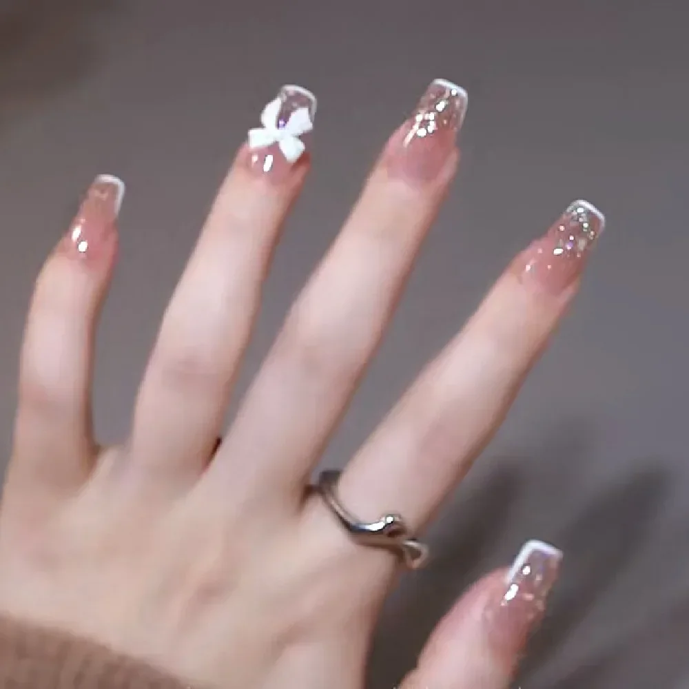 Fake Nails 24 Pcs Pink Press on Nail Designs Art Long Tips False Forms with Glue Stick Stickers Reusable Acrylic Artificial