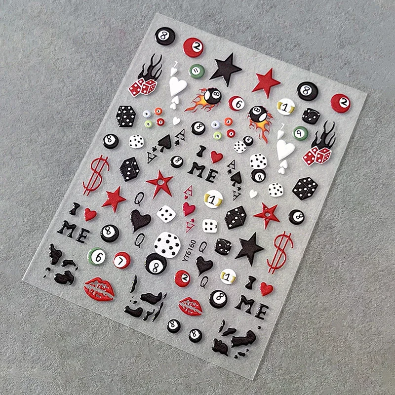 3D Embossed Cherry Nail Art Stickers Self Adhesive Pool & Dice Design Nail Art Decals Manicure DIY Accessories
