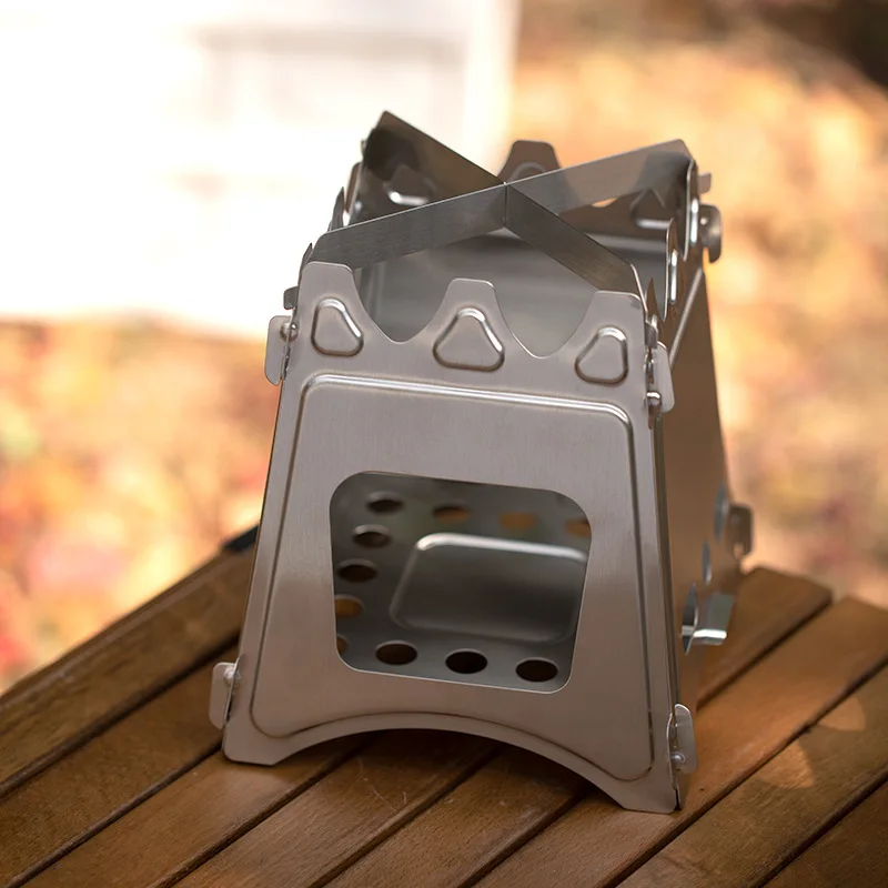 Portable Outdoor Wood Stove Direct-Burning Stainless Steel Card Stove for Camping BBQ Fishing Charcoal Fuel