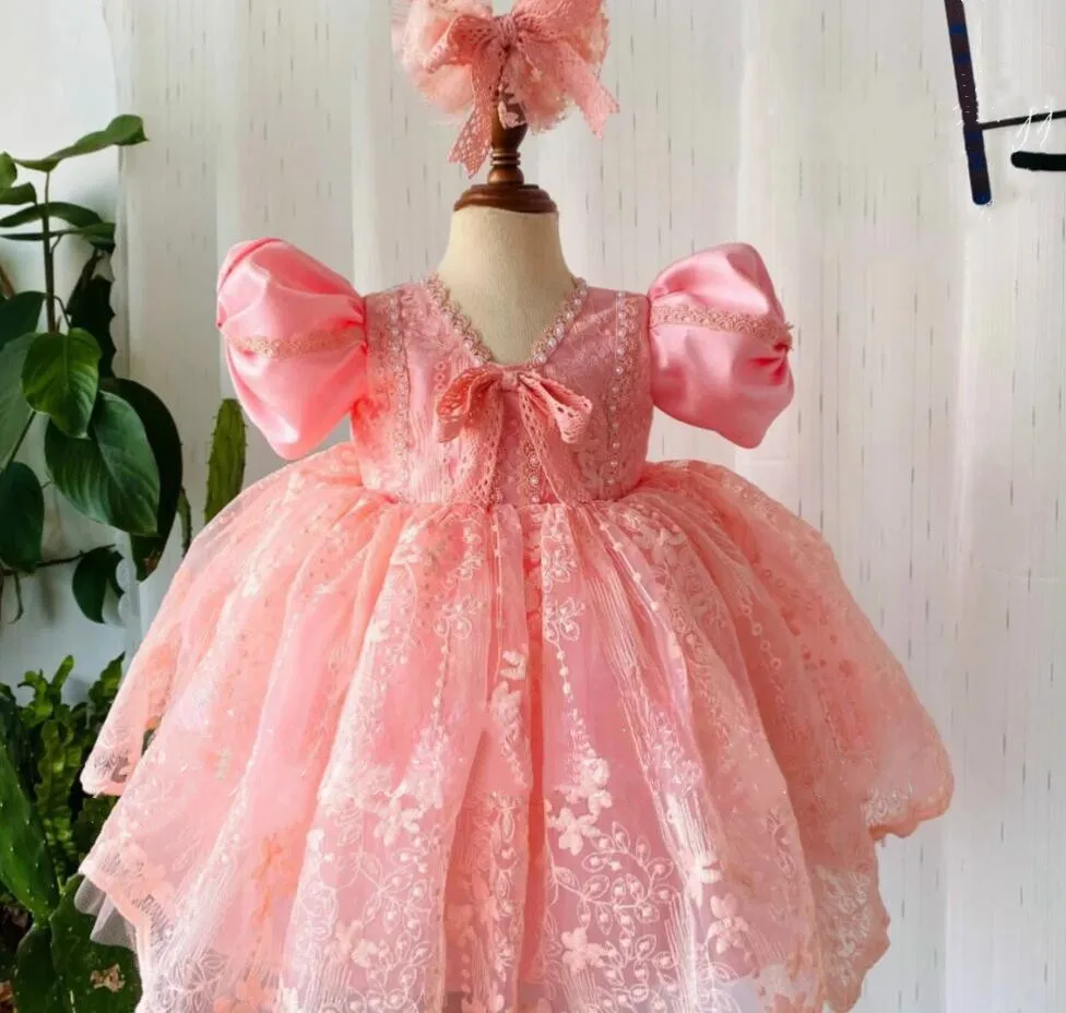 

Pink Lace Baby Girl Dress with Short Sleeve Knee Length Kids Birthday Gown 12M 18M 24Months