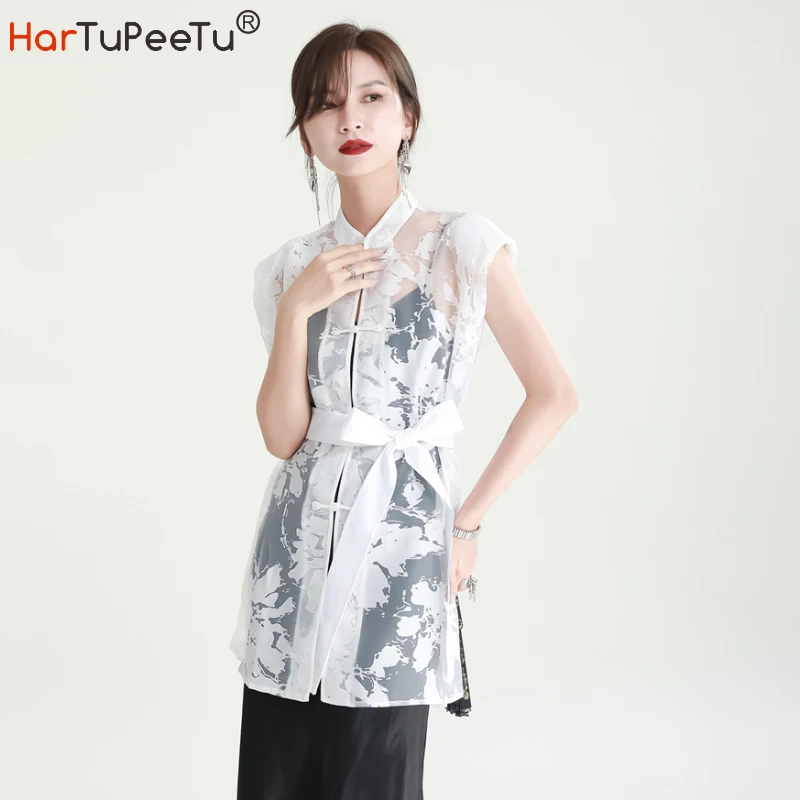 Long Dress Up Shirts Women with Belt 2022 Summer Blouses White Black Chinese Style Qipao Sleeveless Print Perspective Top mini dresses ditsy floral ruffled sleeveless o neck mini dress with belt in black size l m s xl