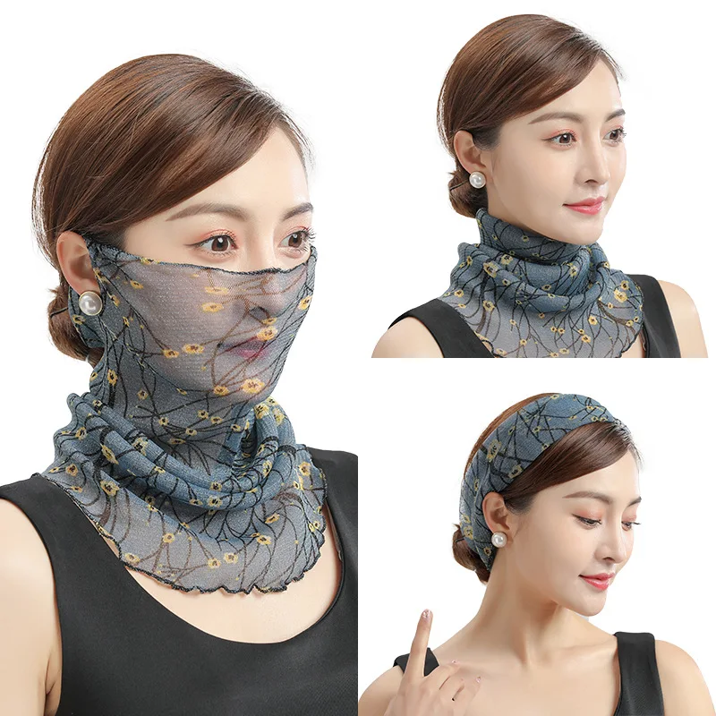 Summer New Face Mask Neckerchief Women Print Thin Scarf Sunscreen Soft Lady Three Usage Neck Collar Pullover Scarves Headbands 3