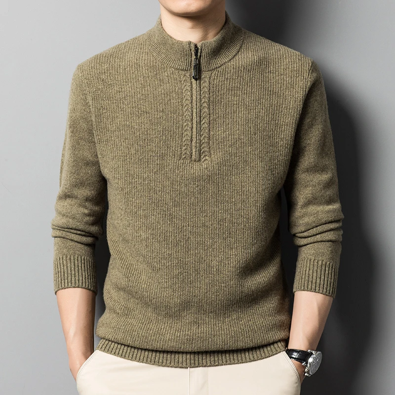 

Autumn and Winter New Pure Wool Sweater Men's Thickened Half-High Collar Zipper Wool Pullover Keep Warm Knitted Sweater