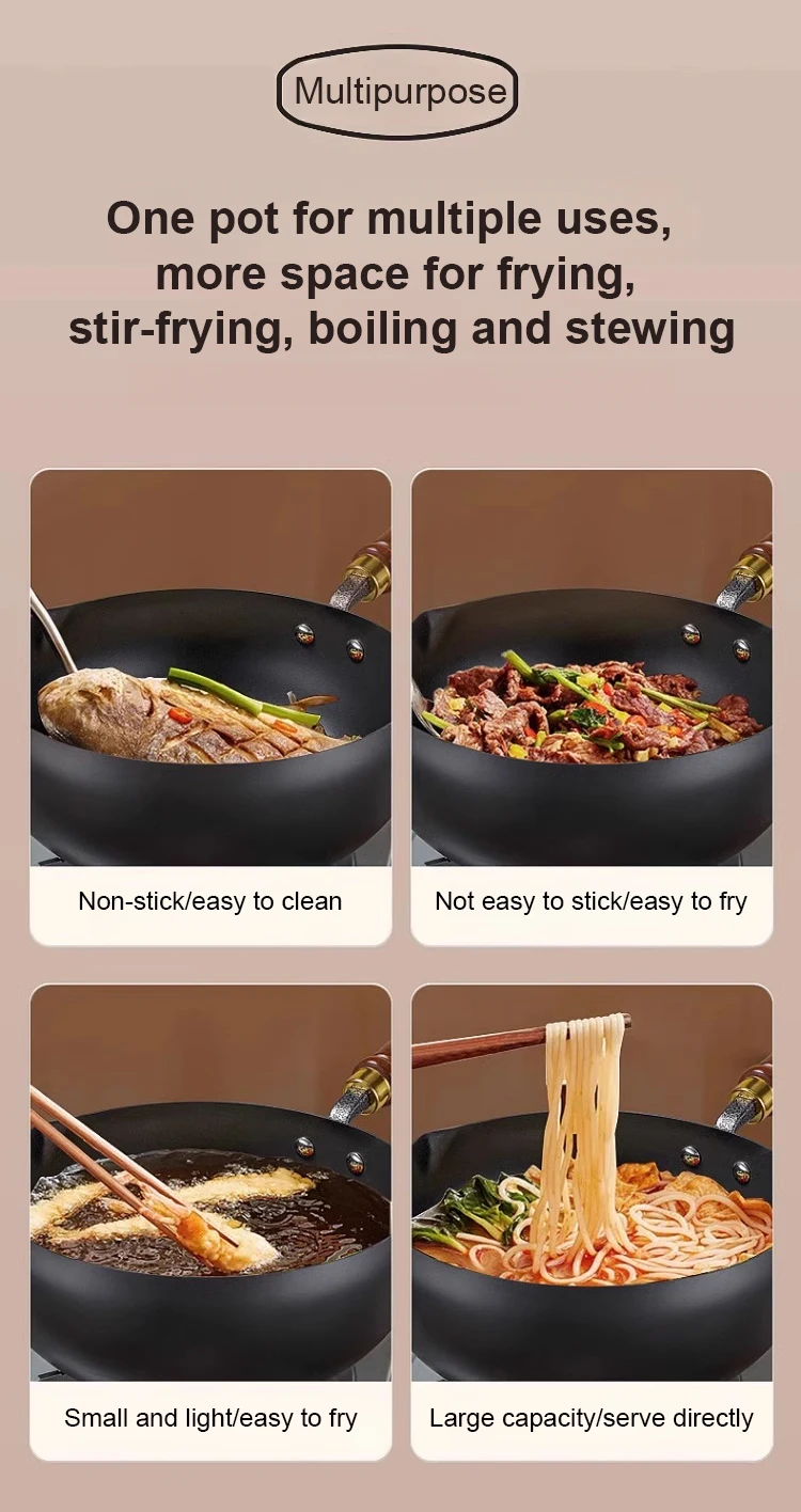 Handmade Pure Iron Non-Stick Frying Pan - Big Belly Flat Bottom Cookware for Gas Stove