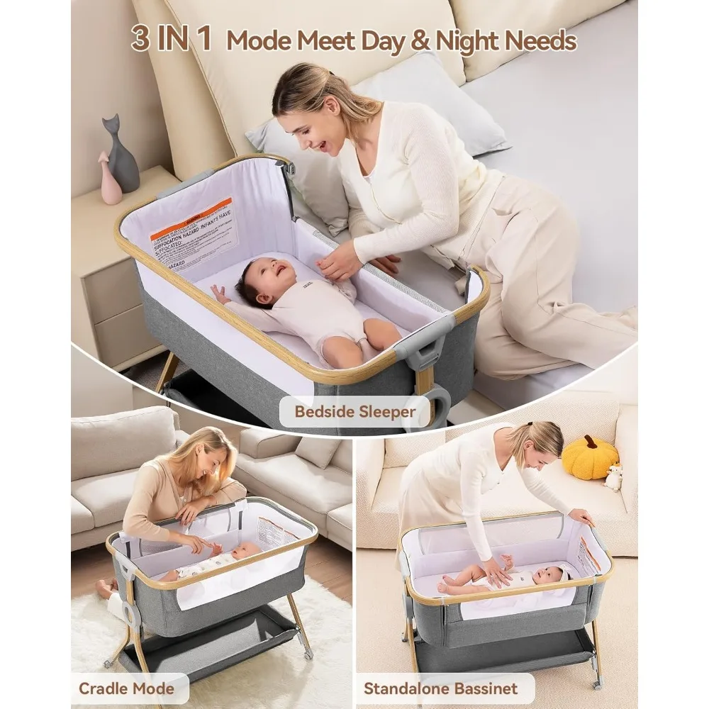 3 in 1 Baby Bassinet Bedside Sleeper, Breathable Mesh Safe Bedside Bassinet for Baby, Easy Assemble and Folding Portable Crib 5