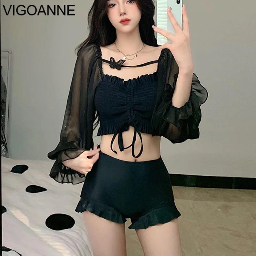 

VigoAnne 2023 Black Mesh Long Sleeve Swimwear Women Sexy Push UP High Waist Bikini Korean Lolita Swimsuit Beach Bathing Suit