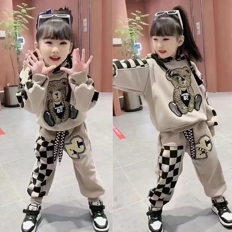 2-8 Jahre Frühling Herbst Mädchen Kleidungsset Cartoon Besticktes Bärenmuster Kapuzenpullover + Hose 2-teiliges Outfit für Kinder – Detail 8