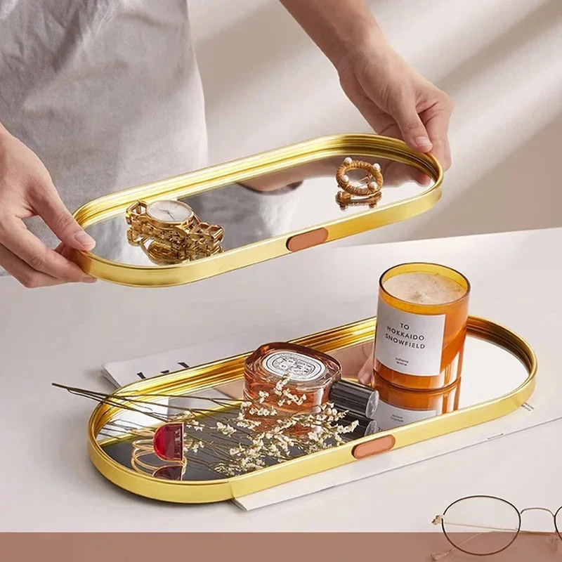 Thick Glass Mirror Storage Oval Tray Tea Fruit Tray Decoration Cosmetics Jewelry Tray For Vanity Bedroom Storage Rack Best Gift 3