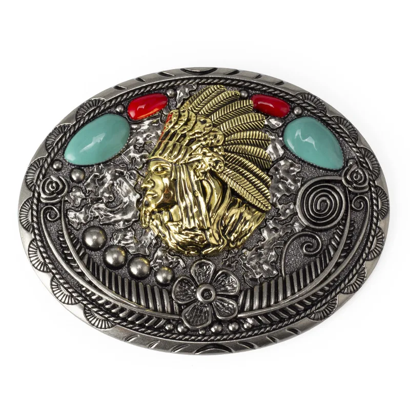 

YonbaoDY Belt Buckle Aboriginal tribe leader portrait Indians pattern Gem-set waist DIY Accessories