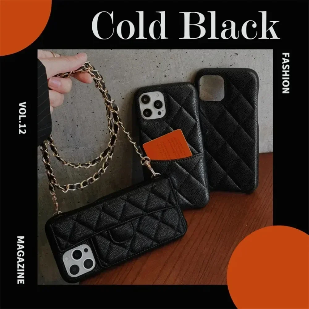 Luxury Geometric Leather Crossbody Phone Case with Necklace Chain and Card Holder