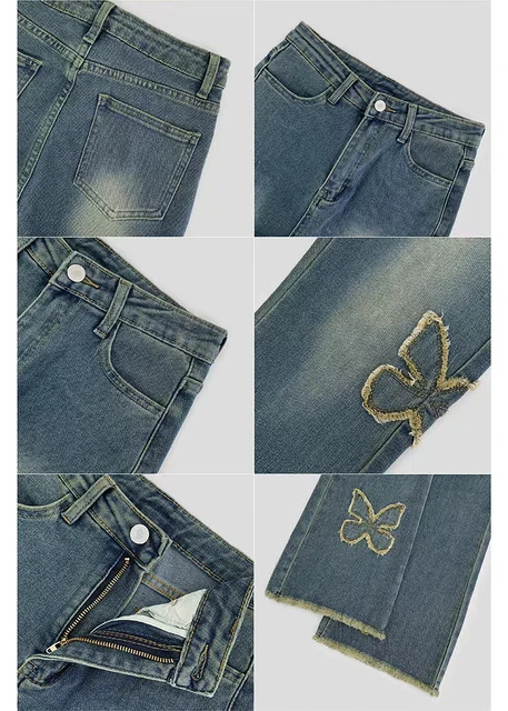 Butterfly Pattern Y2K Denim Jeans High Waist Grunge Vintage Cargo Trousers  Fairycore Harajuku Fashion Pants