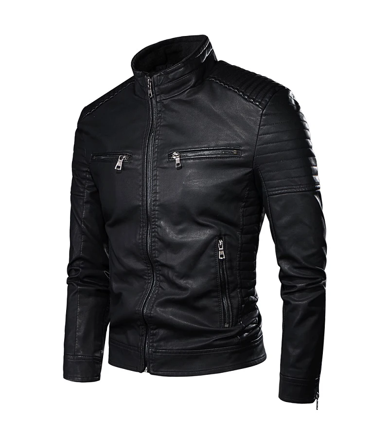 Men Spring Brand New Causal Vintage Leather Jacket Coat Men Outfit Design Motor Biker Zip Pocket PU Leather Jacket Men