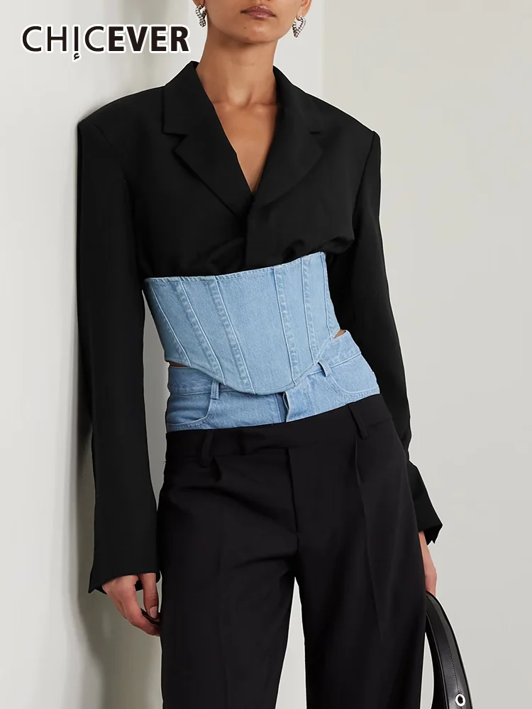 

CHICEVER Casual Patchwork Denim Blazers For Women Notched Collar Long Sleeve Irregular Spliced Zipper Hit Color Blazer Female