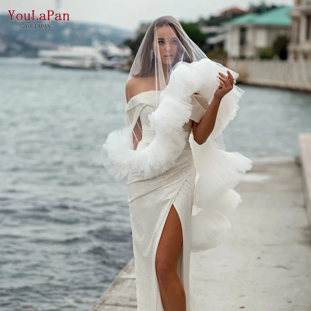 YouLaPan Two Layers Bridal Veils with Blusher Bridal Illusion Tulle Short Wedding Veil in Mesh Ruffled lace Applique Edge V183