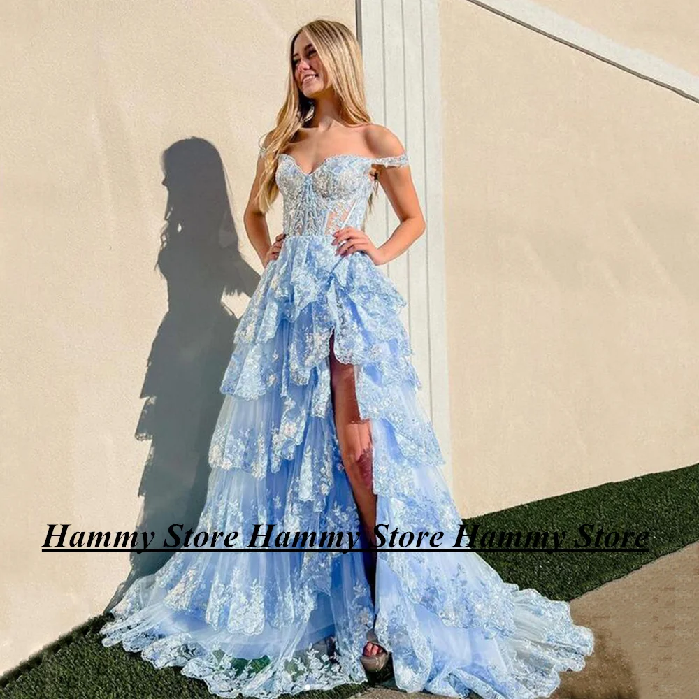 

Yipeisha Sparkling Sequin Lace Evening Dress Sexy Off The Shoulder V Neck See-though Tiered Tulle A Line Slit Prom Party Gown