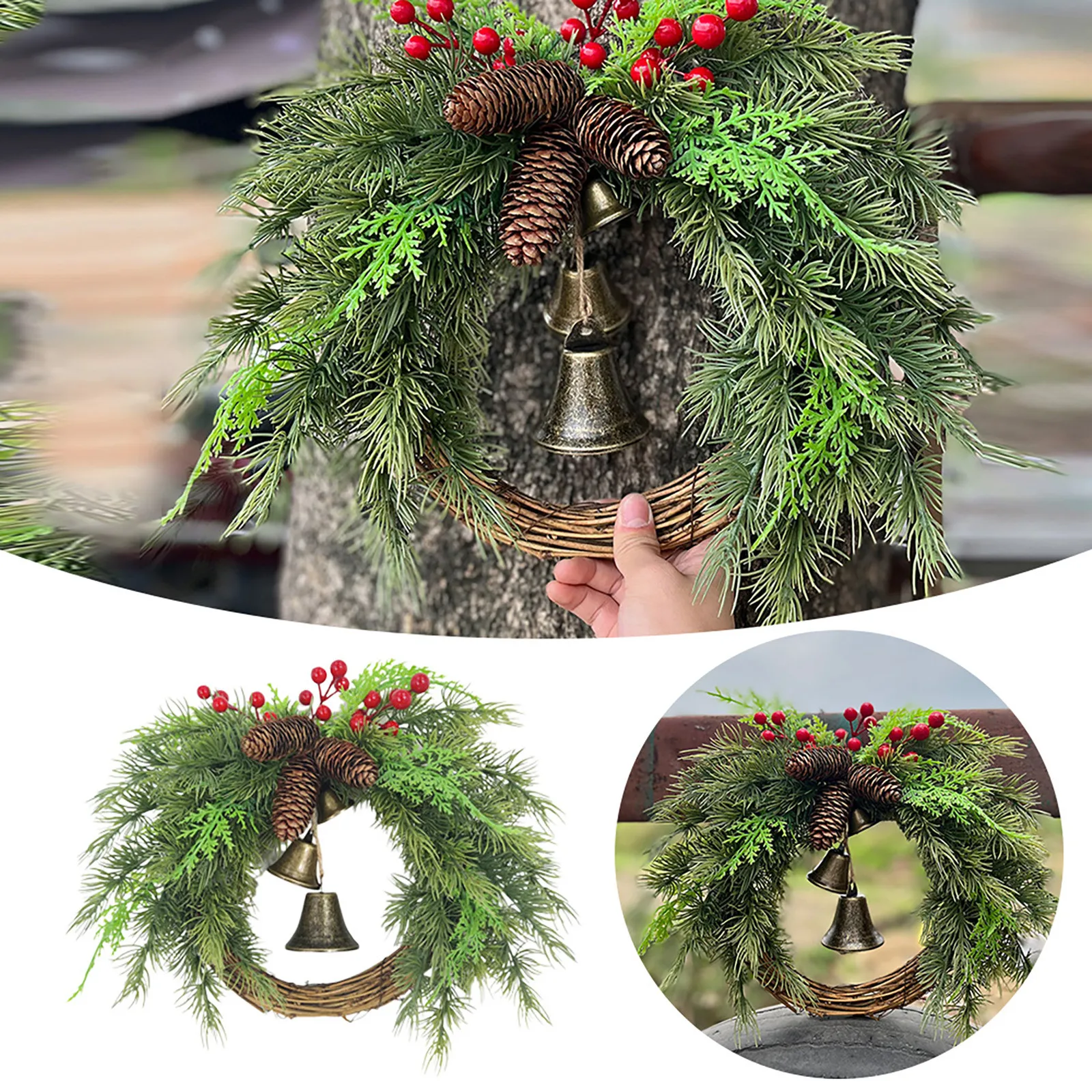

Christmas Artificial Wreath For Front Door 18in Holiday Wreaths With Artificial Pinecones Red Berries Bell Decor For Wedding