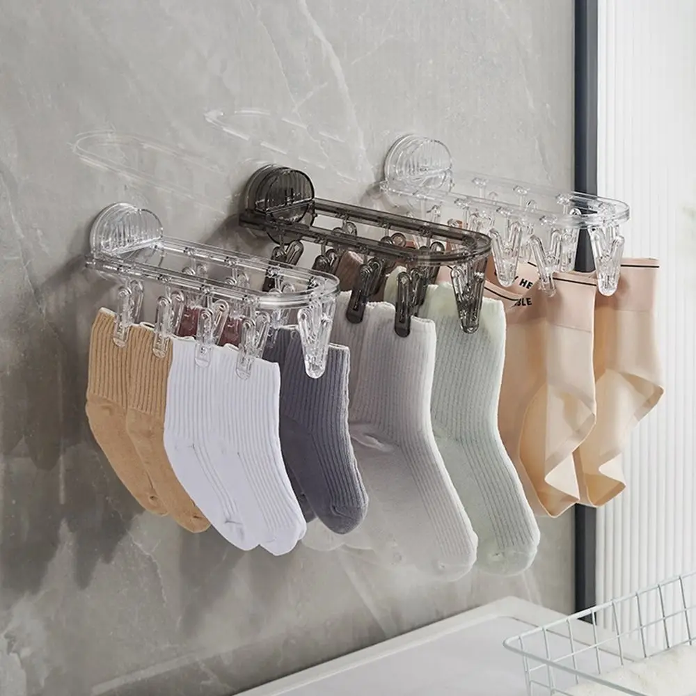 Suction Cup Hanger With Multiple Clips Non Perforated Wall Mounted Balcony Multifunctional Folding Clothes Drying Sock Rack 5